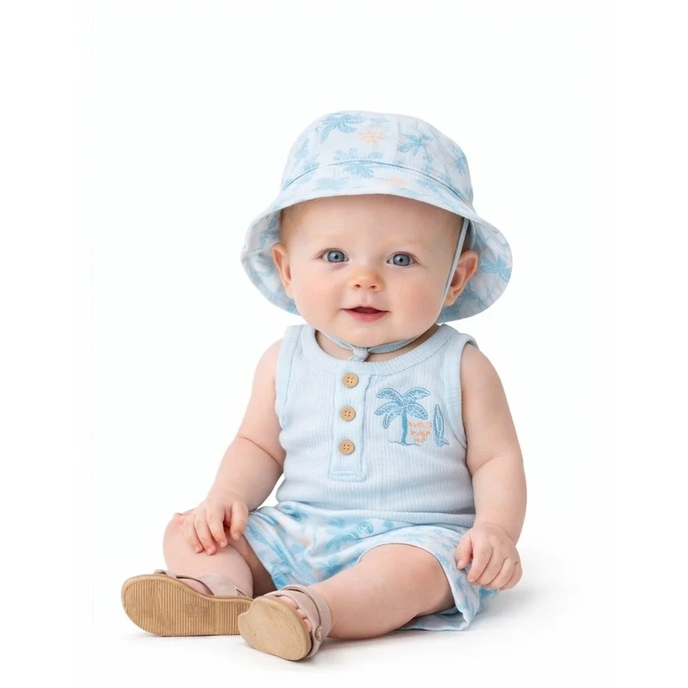 CHICKPEA 3 Piece Palm Tree Tank Shorts Hat Set 0-3M Blue‎ Tropical NWT